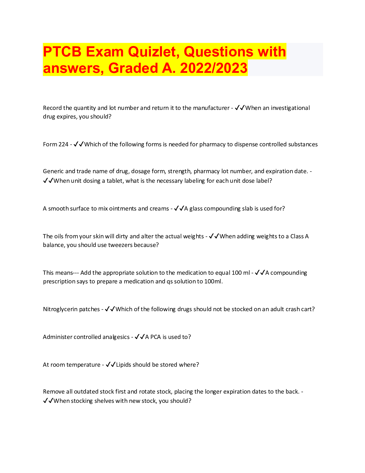 PTCB Exam. Certified Pharmacy Technician (CPhT) - Credentials | Pharmacy Technician Certification Board Exam. Questions with answers, Graded A